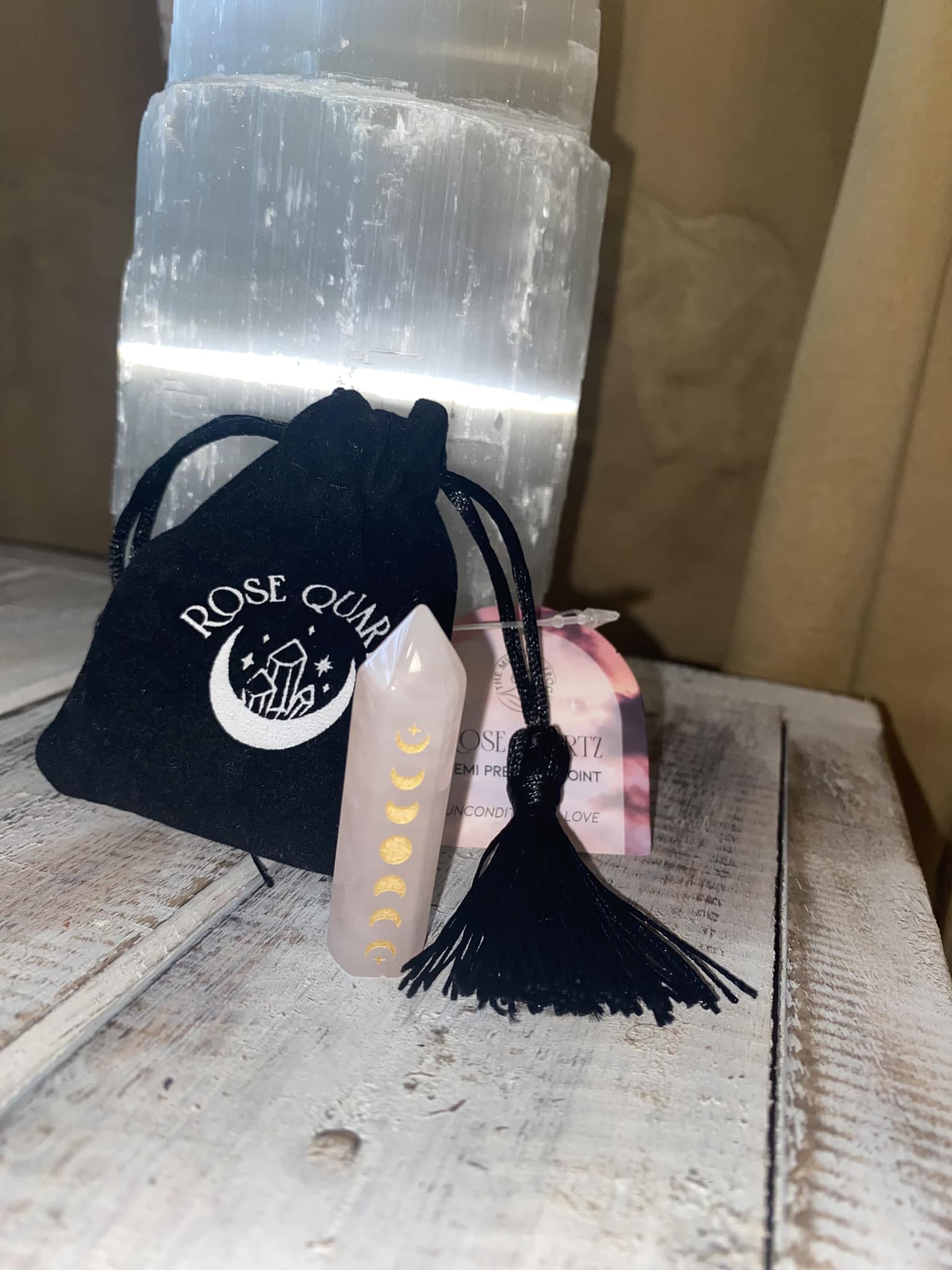 Rose Quartz Crystal with Moon Phase Engraving